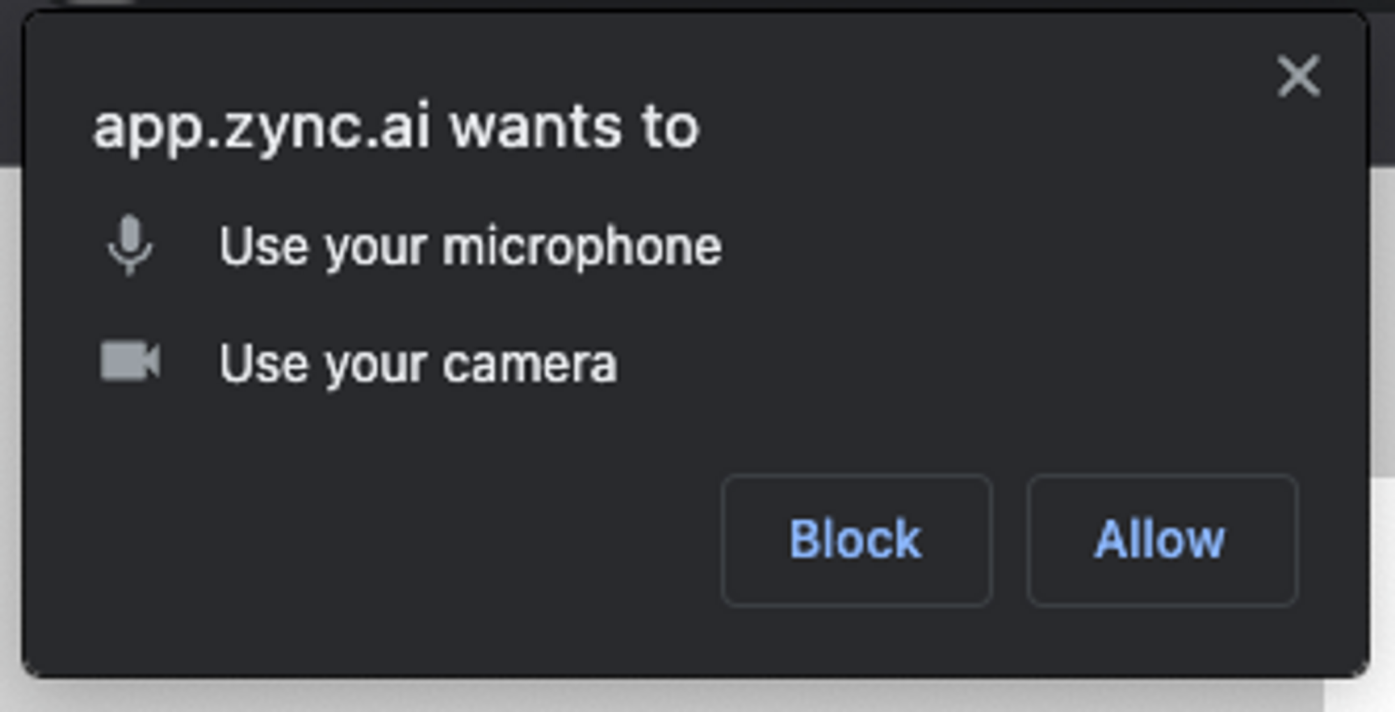 Camera and microphone permissions dialog